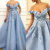 Våren chic blå prom klänningar spets 3d blommig applique party klä en linje utanför axeln anpassade formella klänningar