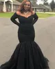 Black Plus Size Mermaid Off Shoulder Beads Long Sleeves Gowns Abendkleider Dresses Evening Wear Vestidos De Feista