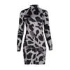 New Mulheres BODYCON Casual Vestidos Leopard Print Magro Vestido justo pele de serpente Vestido Lady Sexy manga comprida partido Mini vestidos