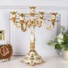 Suporte de vela ecológico com 5 braços, candelabros banhados a ouro brilhante, metal romântico e luxuoso para eventos de casamento ou decoração de festa 7150396