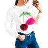 Tröjor Kvinnor Söt Hårboll Dekoration Pullovers Toppar Ladies Ice Cone Broderi O-Neck Long Sleeve Sweater Kvinnor