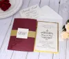 2020 Burgundy Rose Laser Cut Pocket Wedding Invitation with RSVP Card with Glitter Belt and Tag Quinceanera Invitation Graduation 6560744