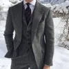 Rustikaler dunkelgrauer Hochzeits-Smoking, Wolle, Herringbone-Tweed, Slim-Fit-Herrenanzug (Jacke + Weste + Hose), Bauernhof-Abschlussball-Bräutigam-Kleidung in Übergröße B086