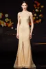 High Neck Front Slit Champagne Evening Dresses Robe Longue Luxury Crystal Sexy Mermaid Prom Dresses