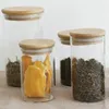 Bambu lock transparent glasflaskor behållare burk lagring korkar täcker burkar för sand flytande mat eko vänliga glasflaskor Iia172