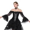 Kvinnor Floral Lace Mesh Flare Bell Sleeve Overbust Corset och en Hi-Lo Long Skir S-XXL Halloween Burlesque Corset Dress 2pcs Set Party Outfit