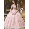 Vestidos 2020 Blush Pink Lace Ball Gown Quinceanera Dress長袖ボートネック3D Flora Princess Bridal Gownsアラビア語ドバイ
