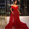 2020 Arabic Aso Ebi Red Off Shoulder Mermaid Evening Dresses Luxurious Sequined Appliques Prom Party Gown With Detachable Train AL5332