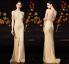 High Neck Front Slit Champagne Evening Dresses Robe Longue Luxury Crystal Sexy Mermaid Prom Dresses