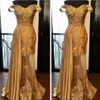 2019 av axelns snöre lång prom klänningar arabisk gyllene tulle applique pärlstav chic kväll kläner robe de soiree abendkleider