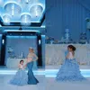 2019 Ruffles Formal Flower Girls Sukienki na Wesela Sheer Klejnot Neck Długi rękaw Appliqued Z Big Bow Girls Suknie Pagenat