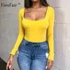 Forefair Sexy Bodycon Bodysuit Lange Mouwen Vierkante Halsschede Open Crotch Basic White Black Red Overalls Women Body Top