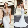 Sheer Deep V Neck Mermaid Wedding Dresses 2019 Lace Top Major Beading Buttons Back Beach Wedding Gowns Custom Made vestido de novia