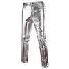 Mens Skinny Shiny Gold Silver Black PU Leather Pants Motorcycle Men Nightclub Stage Pants for Singers Dancers Casual Trousers