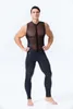 Ny designmän faux läder jumpsuit sexig nät stretch catsuit ärmlös se genom bodysuit manlig blixtlås öppen crotch clubwear339e