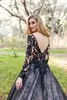 Lace Modern Black A-line Gothic Wedding Dresses With Long Sleeves Sexy Deep V neck Low Back Women Non White Bridal Gowns Custom Made