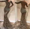 Nieuwe Sexy Arabische Mermaid Prom Dresses Sheer Neck Lange Mouwen Kant Crystal Beaded Lovertjes Side Split Sweep Trein Formele Prom Avondjurken