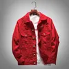 Mens Red Bomber Denim Jackets Black Letter Tryckt Top Coat Spring Autumn Man Ripped Jeans Jacket Plus Size Veste Jean Homme