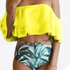 Moda-Kobiety Dwa kawałek Off Ramię Plus Rozmiar Bikini Ruffled Flaunce Crop Bikini Top z Drukiem Wytnij Dna Wrap Bikini Swimsuit