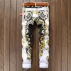 Mens Jeans Mens Slim Print Jeans Fashion Flower Straight White Denim Pants Long Trousers Asian Size