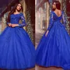 2020 로얄 블루 환상 긴 소매 Quinceanera 드레스 3D 꽃 Applique 레이스 구슬 v 넥 댄스 파티 스위트 16 드레스 졸업 vestidos de