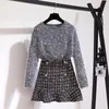 Autumn Winter Skirt Two Piece Set Women Beaded Pullover Sweater And Plaid Skirt Set Soft Mohair Knitted