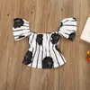 Bebek kız Kapalı omuz kıyafetler Çiçek şerit baskı tops + Bloomers şort 2 adet / takım 2019 yaz moda çocuk Giyim Setleri C6246