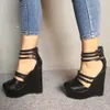 Rontic kobiety platforma plisowane sandały kliny szpilki sandały okrągłe palce Gorgeous Black Party Shoes Women USA Plus rozmiar 5-15