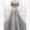 豪華なZuhair Murad 2020イブニングドレスレースアップリケビーズスイープトレインシルバーAラインプロムガウンクリスタル半袖パーティーフォーム4978960