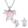 925 Sterling Silver Cute Turtle Pendant Necklace And Earrings Blue Fire Opal Filled Female Wedding Animal Jewelry Set2741