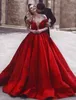 Sexy Red V Neck Evening Dresses Off Shoulder Short Sleeves Satin Ball Gown Prom Dresses Sweep Train New Fashion Red Carpet Dress