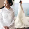 Eleganckie Koronki Długie Rękawy Suknie Ślubne Wysokiej szyi Zroszony Suknie Ślubne S Gowns Line Sweep Pociąg Tulle Robe de Mariée