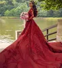 Red A Line Wedding Dresses Jewel Neck Lace Long Sleeve Beaded Bridal Gowns Cathedral Train 3D Floral Appliques Wedding Robe