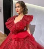 2019 Red Prom Dresses Shiny Lace Appliques Tiered Tulle Ball Gown Pageant Dresses Long Formal Evening Party Dress