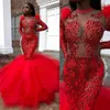 Gorgeous Red 2020 Sequined Black Girl Mermaid Vestidos de baile Sheer High Collar Manga larga Illusion Formal Vestidos de noche árabes