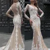 Elegant 3D Lace Appliqued Wedding Dresses Mermaid Champagne New Sheer Long Sleeve Illusion Backless With Buttons Covered Long Wedding Gowns
