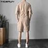 INCERUN 2019 Fashion Men Romper Jumpsuit With Belt Half Sleeve Streetwear Casual Playsuit Pants Men Cargo Overalls Harajuku 5XL