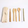 Drewniany zestaw obiadowy bambusowa łyżeczka widelec nóż do zupy Catering zestaw sztućców z płócienną torbą kuchenne narzędzia kuchenne naczynie EEA550
