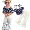 kids designer clothes girls summer outfit ins girl's cute pink top with a belt + white floral flared trousers