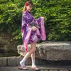 Japanse vrouwen traditionele zijde mix kimono vintage jurk bloemen print boog-knoop sakura fancy sexy anime cosplay kostuum