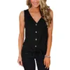 Tie Front Button Down T Shirts Kvinnor Sommar Ärmlös V Neck Lossa Casual Vanlig Tunika Blus Tank Top S-XXL