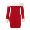 Red Christmas Costume Santa Sweetie Dorosłych Kobiet Aksamitne Off Ramię Z Długim Rękawem Bodycon Mini Sukienka z białymi wykończeniem (bez kapelusza)