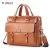 Piuncle äkta lädermännens portfölj bärbarväska för män Business Handbag Cowhide Men Crossbody Travel Bruwn Leather