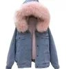 Kobiety Faux Leather Jean Kurtka Zimowa Gruba Jean Kurtka Faux Fur Collor Fleece Kapturem Denim Płaszcz Kobiet Ciepły Denim Znosić