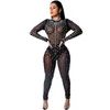 Diamond and Pearl Sheer Mesh Jumpsuit Women Sexy Long Sleeve Night Club Party Romper Female Sheath Outfits Plus Size XL