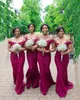 Robes de demoiselle d'honneur sirène bordeaux 2020 pour les mariages hors épaule mancherons dentelle appliques plus la taille demoiselle d'honneur robe de mariée