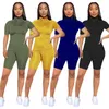 Grande taille été femmes couleur unie deux pièces ensemble tenues manches courtes fermeture éclair T-shirt + short survêtements décontractés vêtements de sport 2817