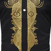 Laamei adulte hommes africain noir doré imprimé manches longues bouton chemise col montant Tribal Folk tunique haut pour hommes grande taille