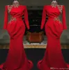 Muslim Dubai Arabic Red Mermaid Evening Dresses High Neck Lace Applique Long Sleeves Ruched Sweep Train Formal Party Prom Dresses Vestidos