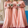 Modest Coral Long Sleeve A Line Bridesmaid Dresses Lace Chiffon Jewel Neck Appliques Maid of Honor Wedding Guest Gowns robes de demoiselle